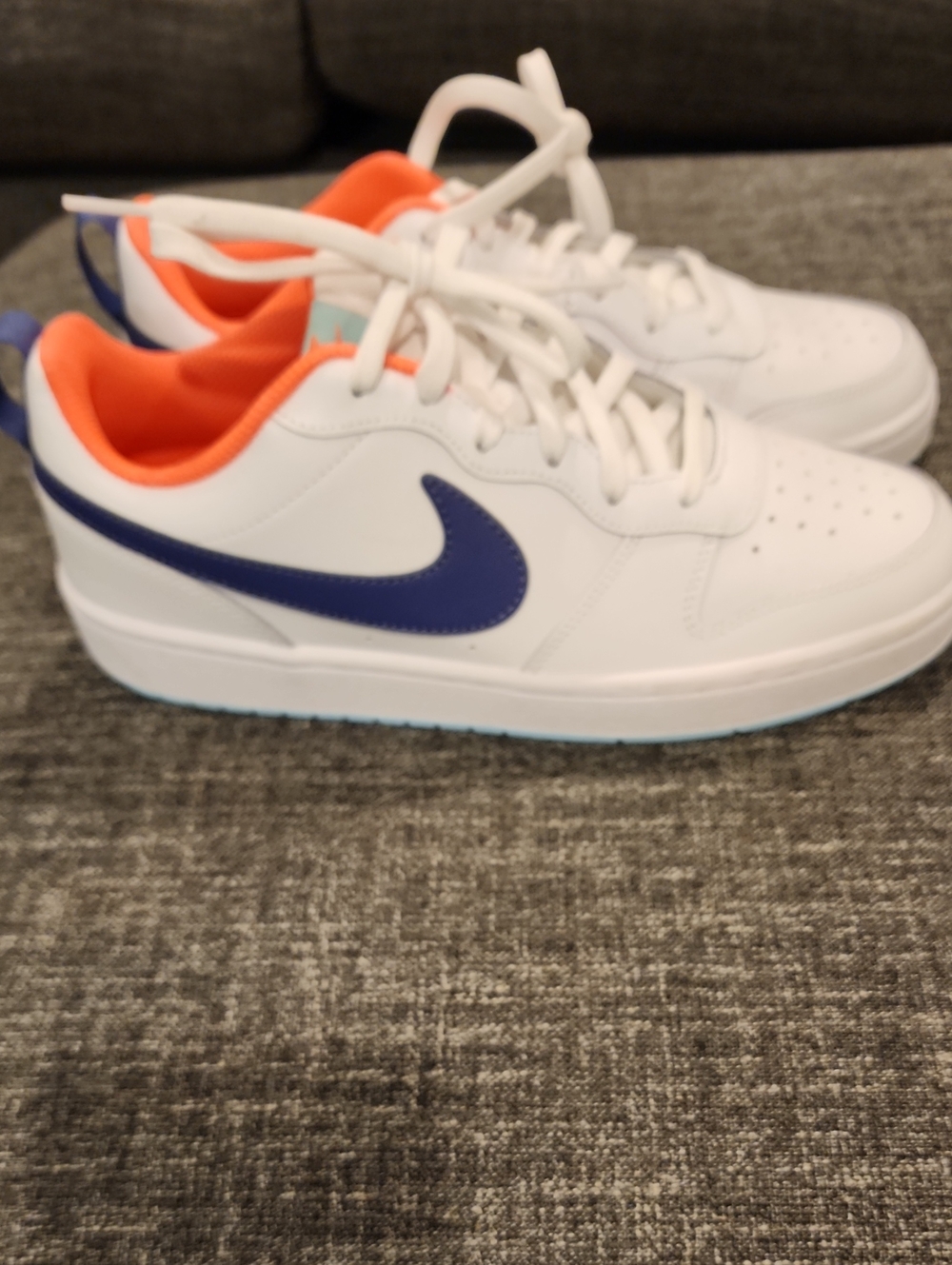 Nike Kids White Sneakers with Blue Swoosh and Orange Lining, Size 7Y